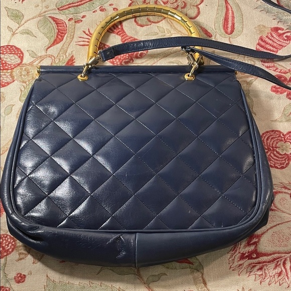 Bellido by Susan Gail Navy Quilted Satchel Gold Metal Notched Handle Hardware - Picture 12 of 17